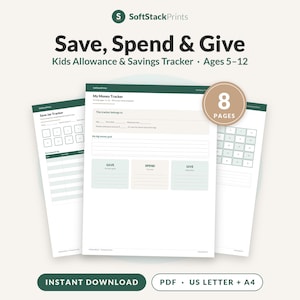 Op de afbeelding: Een digitale printbare zakgeld- en spaartracker voor kinderen genaamd Save, Spend & Give. Het document bevat 8 pagina's met secties voor spaardoelen, een spaarpot-tracker en een logboek. Het ontwerp is voorzien van donkergroene accenten.