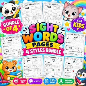 Puede incluir: Un paquete educativo digital de 4 páginas de práctica de palabras visuales para niños con un panda, un gatito, un oso y un pingüino. El gráfico colorido incluye el texto Bundle of 4, Sight Words Pages, 4 Styles Bundle y For Kids.