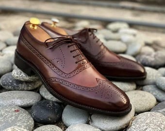 Oxford bruine wingtip brogue schoenen, handgemaakte leren geklede schoenen