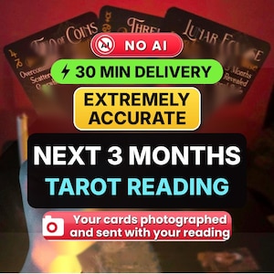 May include: Three tarot cards with black backgrounds and gold text, including Two of Coins, Three, and Lunar Eclipse. The image features overlaid text: NO AI, 30 MIN DELIVERY, EXTREMELY ACCURATE, NEXT 3 MONTHS TAROT READING, and Your cards photographed and sent with your reading.