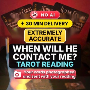 May include: A set of tarot cards with black backgrounds and gold text, featuring the labels Two of Coins, Three, and Lunar Eclipse. The image includes overlaid text boxes stating NO AI, 30 MIN DELIVERY, EXTREMELY ACCURATE, WHEN WILL HE CONTACT ME? TAROT READING, and Your cards photographed and sent with your reading.