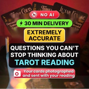 May include: A tarot reading service advertisement featuring three blurred tarot cards labeled Two of Coins, Three, and Lunar Eclipse. The image includes text overlays stating NO AI, 30 MIN DELIVERY, EXTREMELY ACCURATE, QUESTIONS YOU CAN'T STOP THINKING ABOUT TAROT READING, and Your cards photographed and sent with your reading.