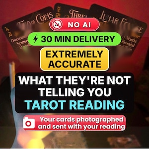 May include: Three tarot cards with black backgrounds and gold text, including Two of Coins, Three, and Lunar Eclipse. The image features text overlays stating NO AI, 30 MIN DELIVERY, EXTREMELY ACCURATE, WHAT THEY'RE NOT TELLING YOU TAROT READING.