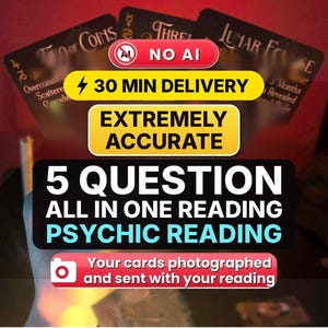 May include: Three black tarot cards with gold text titled Two of Coins, Three, and Lunar Eclipse are displayed. Text overlays include NO AI, 30 MIN DELIVERY, EXTREMELY ACCURATE, 5 QUESTION ALL IN ONE READING PSYCHIC READING, and Your cards photographed.