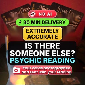 May include: Three tarot cards with black backgrounds and gold text are displayed. The cards are labeled Two of Coins, Three of Pentacles, and Lunar Eclipse. The image includes text overlays stating NO AI, 30 MIN DELIVERY, EXTREMELY ACCURATE, IS THERE SOMEONE ELSE? PSYCHIC READING, and Your cards photographed and sent with your reading.