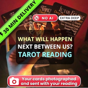 May include: A set of tarot cards featuring dark backgrounds with gold and white text. The cards display titles such as Lunar Eclipse and Three Under the Influence. The text reads What Will Happen Next Between Us? Tarot Reading, with additional phrases.