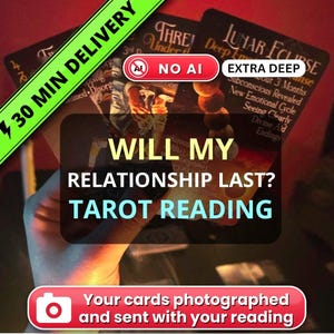 May include: A set of tarot cards featuring the text WILL MY RELATIONSHIP LAST? TAROT READING, LUNAR ECLIPSE, and THREE Under the. The cards display imagery of celestial bodies and various phrases, presented with a red and black colour scheme.