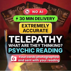 May include: Three tarot cards with black backgrounds and gold text titled Two of Coins, Three, and Lunar Eclipse are displayed behind text overlays that read NO AI, 30 MIN DELIVERY, EXTREMELY ACCURATE, TELEPATHY WHAT ARE THEY THINKING? PSYCHIC READING.