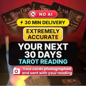 May include: Three tarot cards with black backgrounds and gold text, including Two of Coins, Three, and Lunar Eclipse. Text overlays read NO AI, 30 MIN DELIVERY, EXTREMELY ACCURATE, YOUR NEXT 30 DAYS TAROT READING, and Your cards photographed and sent with your reading.