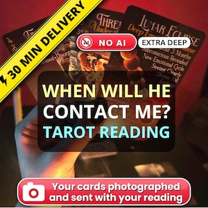 Può includere: Un set di carte dei tarocchi con il testo "WHEN WILL HE CONTACT ME? TAROT READING" e "LUNAR ECLIPSE". Le carte mostrano varie illustrazioni, tra cui un ciclo lunare e frasi descrittive come "Subconscious Revealed" e "Seeing Clearly".