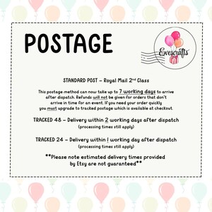 K&ouml;nnte beinhalten: Ein wei&szlig;es rechteckiges Schild mit dem Wort "POSTAGE" in gro&szlig;en schwarzen Buchstaben. Der Text beschreibt Versandoptionen wie Standard Post, Tracked 48 und Tracked 24 mit gesch&auml;tzten Lieferzeiten. Ein Logo mit Ballons befindet sich oben rechts.