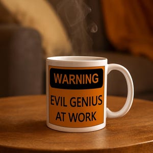 K&ouml;nnte beinhalten: Wei&szlig;e Keramiktasse mit dem Text "WARNING EVIL GENIUS AT WORK" in Schwarz und Orange. Dampf steigt aus der Tasse auf, was auf ein hei&szlig;es Getr&auml;nk hindeutet. Die Tasse steht auf einem Holztisch.