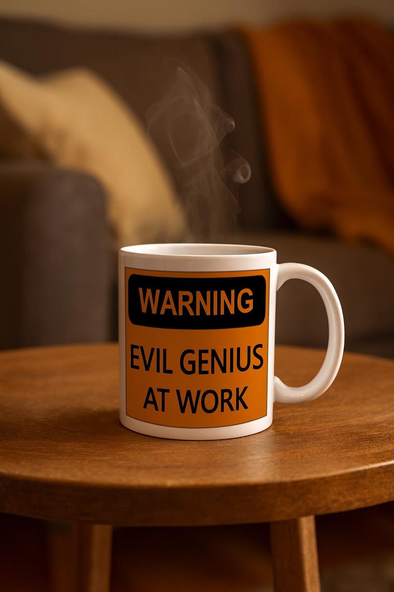 K&ouml;nnte beinhalten: Wei&szlig;e Keramiktasse mit dem Text "WARNING EVIL GENIUS AT WORK" in Schwarz und Orange. Dampf steigt aus der Tasse auf, was auf ein hei&szlig;es Getr&auml;nk hindeutet. Die Tasse steht auf einem Holztisch.