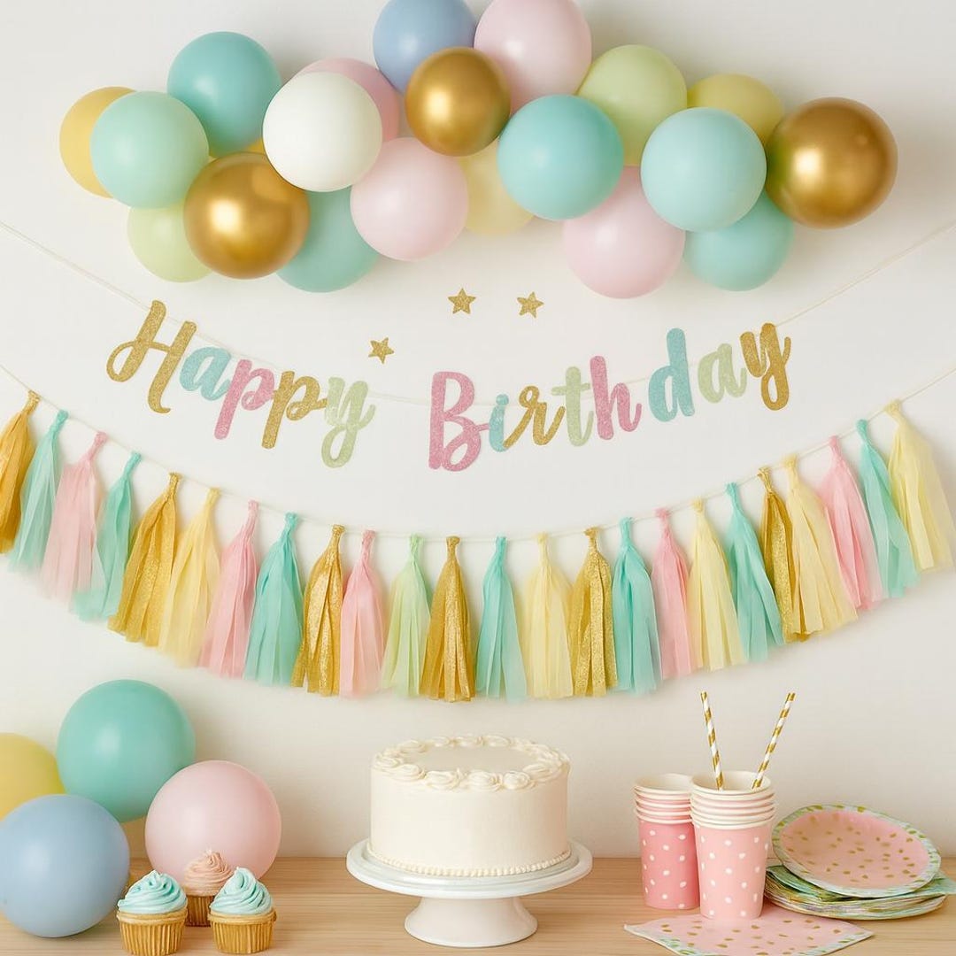 Happy Birthday Banner Aus Filz – Pastellfarben Mit Blumen, Vorgefädelt, Für Wand- & Partydeko