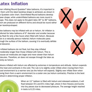 May include: Diagram showing how to inflate latex balloons.  The text explains that latex balloons should be inflated to a teardrop shape.  Overinflated balloons will have a pear shape, while underinflated balloons will be round.  The text also explains that air-inflated balloons stay inflated longer than helium-inflated balloons because air molecules are larger and move slower than helium molecules.  The text also explains that helium balloons are affected by temperature and altitude.  The text also explains that a 11-inch balloon filled with helium will float between 5 1/2 and 6 1/2 miles high before bursting.