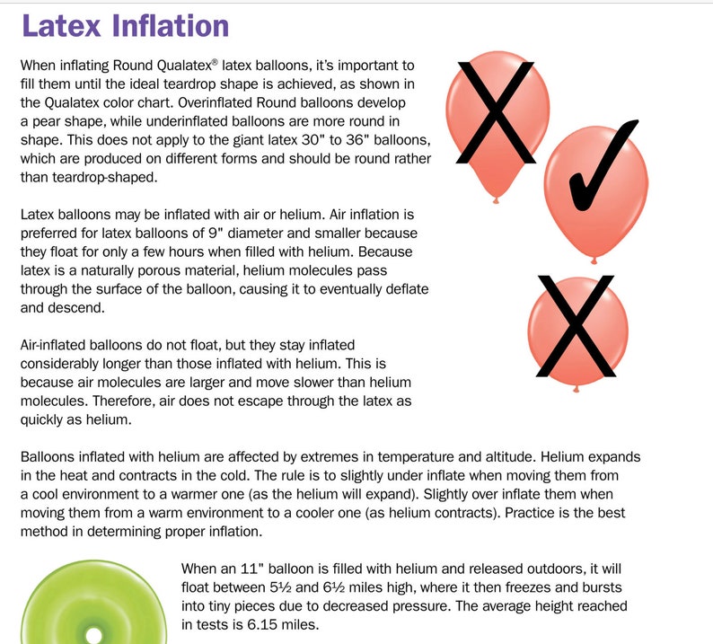 May include: Diagram showing how to inflate latex balloons.  The text explains that latex balloons should be inflated to a teardrop shape.  Overinflated balloons will have a pear shape, while underinflated balloons will be round.  The text also explains that air-inflated balloons stay inflated longer than helium-inflated balloons because air molecules are larger and move slower than helium molecules.  The text also explains that helium balloons are affected by temperature and altitude.  The text also explains that a 11-inch balloon filled with helium will float between 5 1/2 and 6 1/2 miles high before bursting.