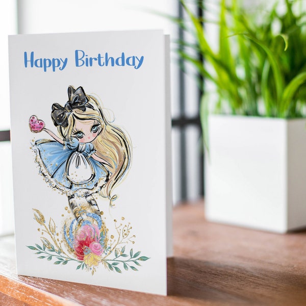 Alice in Wonderland Happy Birthday card, birthday girl card, Cute happy birthday cardGCA9758