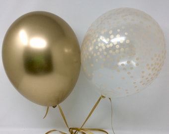 solid Gold and Clear Gold Confetti Latex Balloons First Birthday Wedding Bridal Shower Birthday chrome Gold Balloons Gold Confetti Look