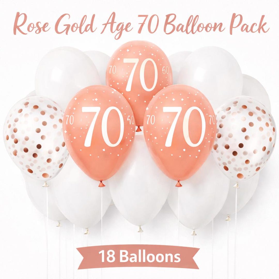 Rose Gold 70th Birthday Balloon Pack of 18 | Age 70 Balloons | White ...