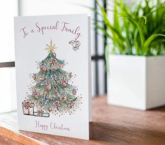 Special Family Christmas Card – Whimsical Mouse Tree – Handmade Illustration XMAS9815