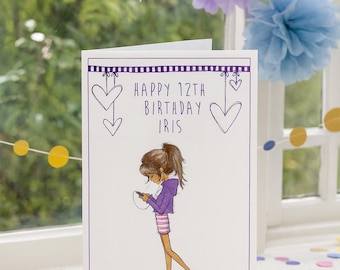Personalised Teen Birthday Card – Girl with Mobile Phone – Custom Name & Age