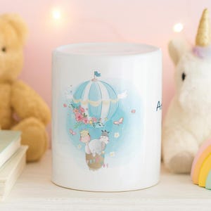 Personalised Money Box Gift for Kids | Ceramic Coin Jar with Custom Text | Hot Air Balloon Nursery Fund Jar | Birthday or Stocking Filler