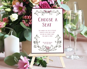 Wedding Choose a Seat Sign, Personalised Reception Sign with Easel, Floral Wedding Decor WED9937
