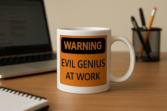 Funny Warning Mug, Evil Genius at Work – Joke Office Gift for Coworker or Boss, Humorous Coffee Mug, Work Desk Accessory, Geeky Gift MUG9997