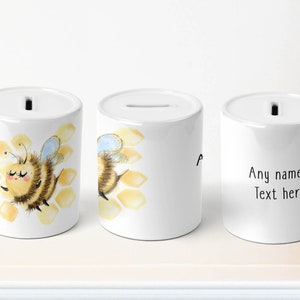 Personalised bee money box, Ceramic piggy bank, christening gift, new baby gift, childs toy fund  HAG9928
