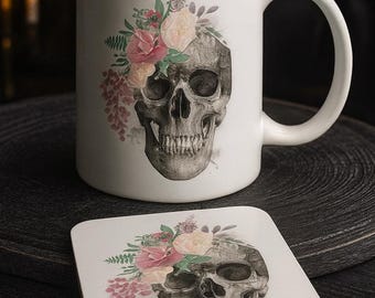 Floral Skull Mug and Coaster Set – Gothic Mug with Flowers – Alternative Gift for Her – Dark Floral Coffee Cup – Skull Coaster  CPL9909