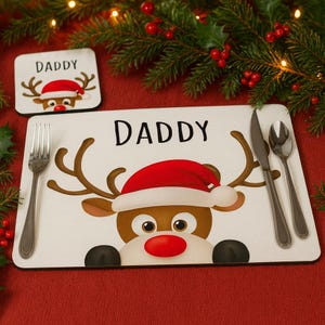 Personalised Christmas Placemat – Peeking Reindeer Design with Name | Festive Table Mat or Placemat & Coaster Set | Fun xmas Gift  XMAS9972