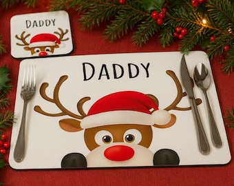 Personalised Christmas Placemat – Peeking Reindeer Design with Name | Festive Table Mat or Placemat & Coaster Set | Fun xmas Gift  XMAS9972