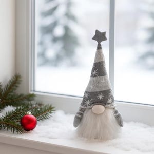 Grey Christmas Gonk Ornament – 7&quot; Sitting Gnome with Snowflake Hat – Winter Shelf Decoration – Scandinavian Holiday Decor  XMAS9747