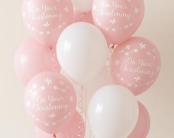 Pink Christening Balloons – 12 Pack On Your Christening & White Latex Party Decor