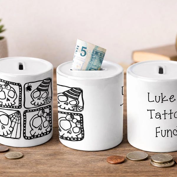 Personalised Tattoo Fund Money Box – Custom Name Skull Savings Jar – Alternative HAG9998