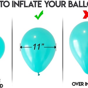 May include: Diagram showing how to inflate balloons to the correct size. A turquoise balloon is under-inflated, a turquoise balloon inflated to 11 inches is correctly inflated, and a turquoise balloon that is over-inflated is marked with an X.
