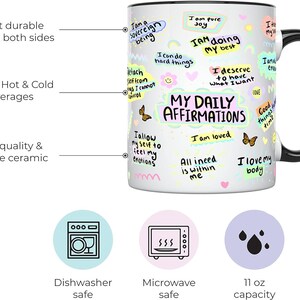 K&ouml;nnte beinhalten: Wei&szlig;er Keramikbecher mit schwarzem Henkel und Rand, verziert mit bunten Affirmationen. Der Becher, mit einem Fassungsverm&ouml;gen von 325 ml, ist mit S&auml;tzen wie "Ich liebe meinen K&ouml;rper" bedruckt. Sp&uuml;lmaschinen- und mikrowellengeeignet.