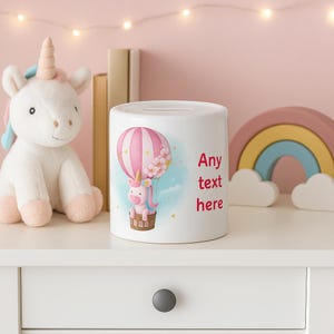 Personalised Unicorn Money Box | Ceramic Fund Jar for Girls | Birthday Gift Idea | Hot Air Balloon Design | Stocking Filler Present