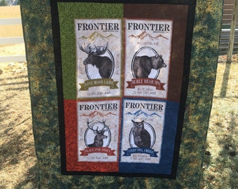 Quilt with outdoor theme,  gift, throw blanket, animal theme, home  decor, wall hanging, gifts, bear, deer, Oregon brewery