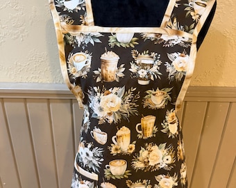 Boho coffee  theme apron, with flowers