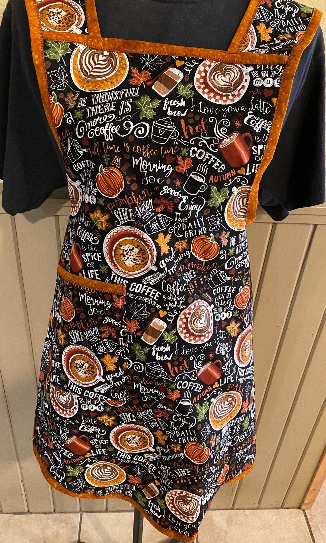 Coffee theme apron, fall theme, pumpkin spice latte, vintage style ...