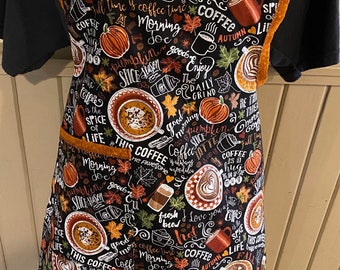 Gift for the coffee lover  apron, fall theme, pumpkin spice latte, vintage style apron, hostess gift, housewarming gift, coffee lovers gift.