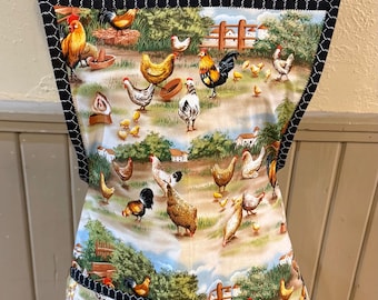 Vintage Style Chicken Farm Apron: Colorful Roosters, Hens, Chicks