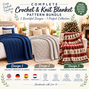 May include: A digital advertisement for a Complete Crochet & Knit Blanket Pattern Bundle featuring three blankets: a solid navy chunky crochet blanket, a light gray textured knit blanket, and a red, green, and white Christmas pattern blanket.