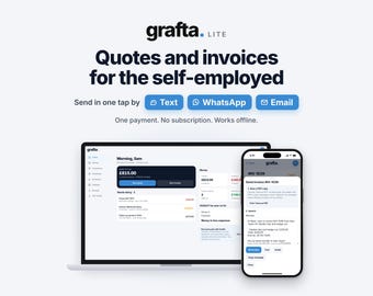 Op de afbeelding: Een digitale interface voor de Grafta Lite-applicatie weergegeven op een laptop en smartphone. Het scherm toont financiële dashboards, offertes en facturen met opties om documenten te verzenden via sms, WhatsApp of e-mail. De tekst luidt Quotes and invoices for the self-employed, One payment. No subscription. Works offline.