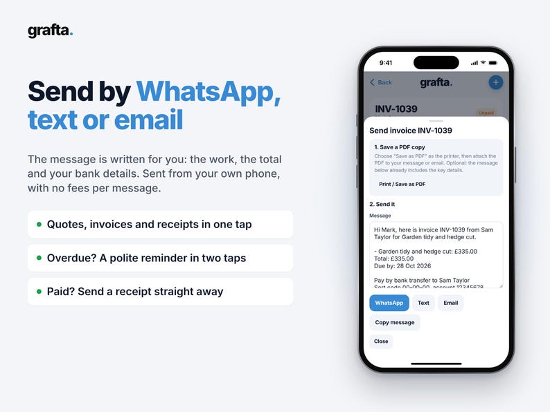 Op de afbeelding: Een smartphone toont de interface van de mobiele Grafta-app voor het versturen van facturen via WhatsApp, sms of e-mail. Het scherm toont details van factuur INV-1039, inclusief een berichtsjabloon met een totaalbedrag van 335,00 &pound; en verzendopties.