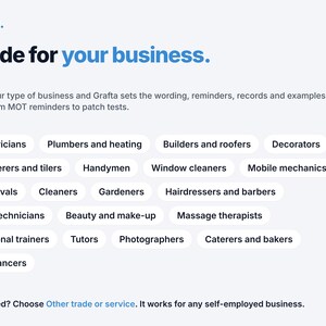 Op de afbeelding: Een digitale interface voor het Grafta-bedrijfsplatform met de tekst Made for your business. Het toont een lijst met selecteerbare handelscategorie&euml;n, waaronder elektriciens, loodgieters, bouwers, decorateurs en diverse andere dienstverlenende beroepen.