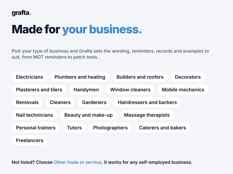 Op de afbeelding: Een digitale interface voor het Grafta-bedrijfsplatform met de tekst Made for your business. Het toont een lijst met selecteerbare handelscategorie&euml;n, waaronder elektriciens, loodgieters, bouwers, decorateurs en diverse andere dienstverlenende beroepen.