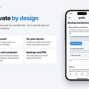Op de afbeelding: Een smartphone met de Grafta-app-interface getiteld Backup and devices, naast tekst die de privacyfuncties van de app uitlegt, waaronder No account, On your device, Phone and computer en Backups and PIN.