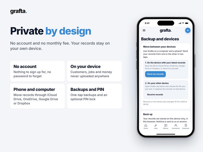 Op de afbeelding: Een smartphone met de Grafta-app-interface getiteld Backup and devices, naast tekst die de privacyfuncties van de app uitlegt, waaronder No account, On your device, Phone and computer en Backups and PIN.